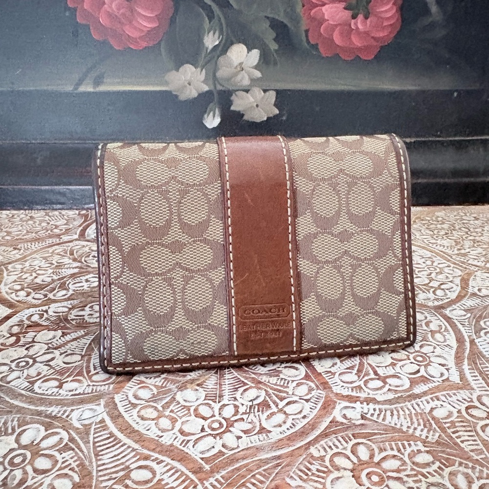 Coach Brown Signature Canvas Wallet with Leather Trim